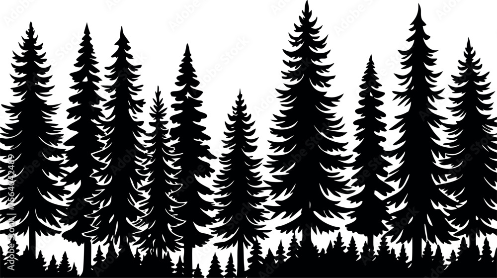 Obraz premium Vector art of a dense row of evergreen pine trees creates a dark silhouette isolated on white background