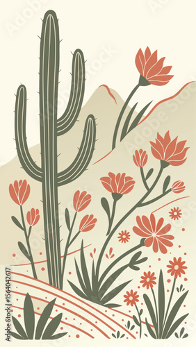 Stylized desert scene with cactus flowers and mountains for elegant design projects