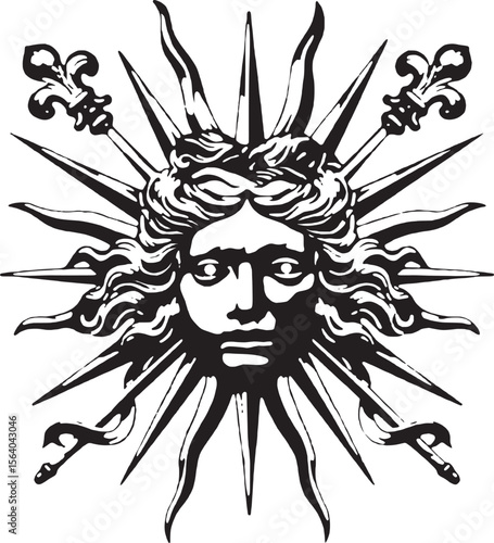 vector Sunburst a face with intricate detail and rays extending outward clip art 2