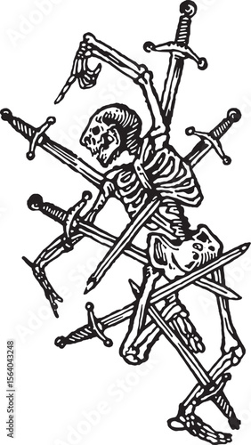 vector clip art dancing skeleton sword skull drawing linocut