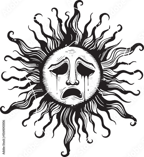 vector clipart  sun face sad cry vintage linocut drawing