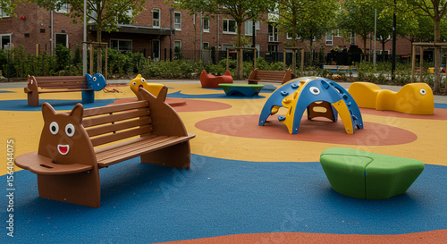 Street Furniture Colorful and Fun Playground Equipment for Kids  Modern Play Area Design with Unique Benches and Climbing Structures
