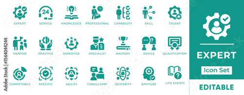 Expert Icon Set. Features icons of consultancy, skills, guidance, specialization, certification, and experience. Perfect for business, coaching, and career content.