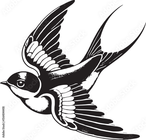 vector clipart of a flying swallow showcasing intricate wing patterns in black and white design