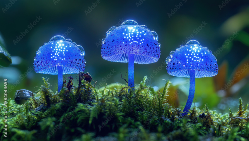 Fototapeta premium Glowing mushrooms in mystical forest