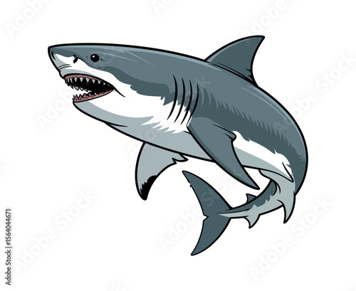 Cartoon Illustration of a Great White Shark in Action stylized illustration great white shark leaping shark great white shark ocean marine life wildlife