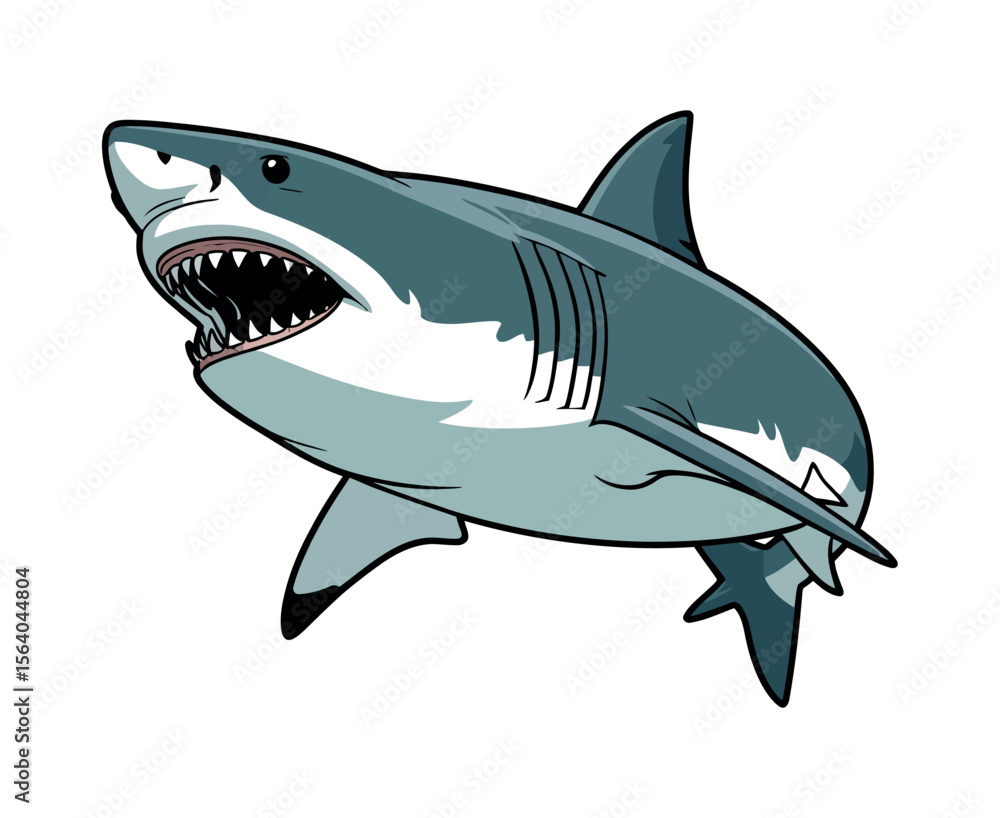 Obraz premium Cartoon Illustration of a Great White Shark with Open Jaws stylized illustration great white shark open mouth shark great white shark ocean marine