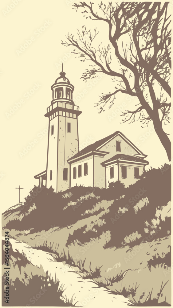 Obraz premium Vintage lighthouse on a hill illustrated in brown and cream tones