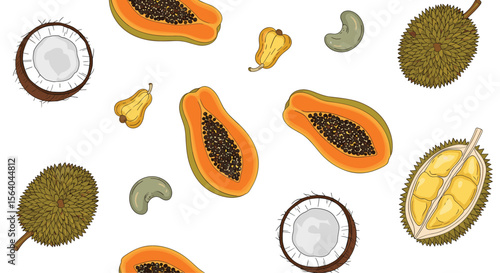 A Whimsical Collection of Tropical Fruits and Nuts Found in Exotic Locations Around the World