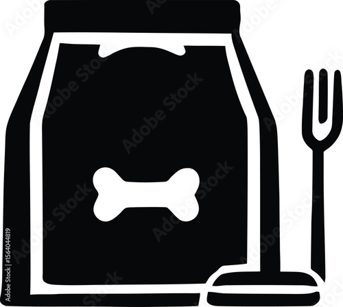Quirky Kitchen Mishap — Silhouette of Dog Food Bag with Bone Symbol, Fork, and Plunger in Abstract Composition