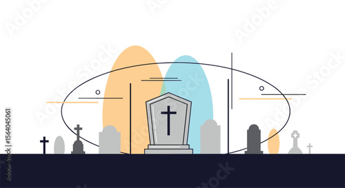 A solemn cemetery scene unfolds with a central tombstone and scattered gravestones creating a somber atmosphere under a bright sky