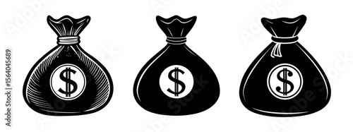 Minimal Black Silhouette Money Bag and Coin Icon with Dollar Symbol Vector Style Design
