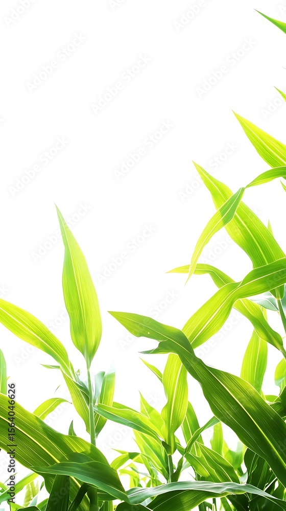 Obraz premium Fresh green corn stalks growing upwards under bright sunlight against white background image