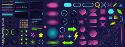 A vector set of glowing neon UI elements on a dark background. Includes buttons, progress bars, sliders, charts, interface windows, and abstract shapes. Designed in a clean, stylized cartoon style