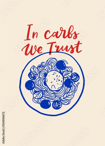 Italian pasta quotes poster set. Blue and beige vintage style illustrations with hand drawn doodles and sayings