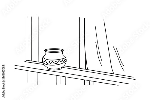 Decorated pot on windowsill with curtains ceramic decorative
