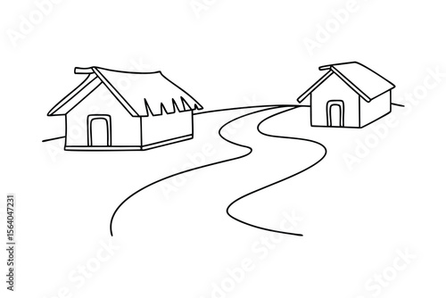 Two thatched huts on a winding path village thatched roofs