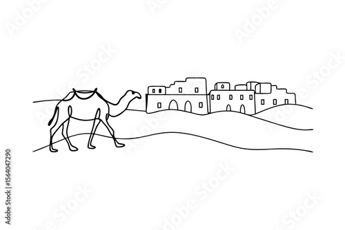 Camel walking towards desert village sand dunes architecture