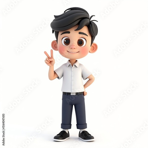 Cheerful 3D Cartoon Schoolboy in Uniform Making Peace Sign on White Background