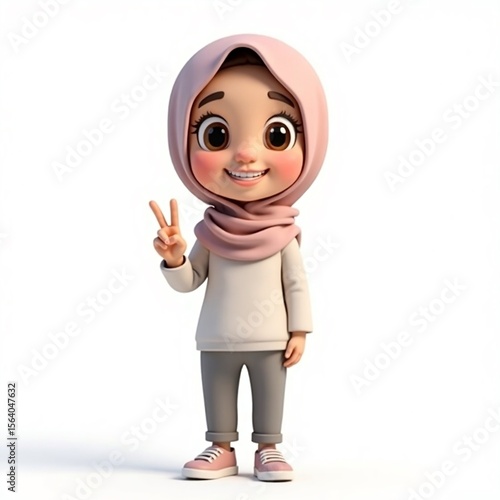 Adorable 3D Cartoon Girl in Hijab Smiling and Showing Peace Sign on White Background