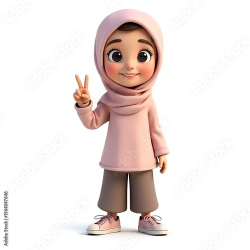 Cute 3D Cartoon Hijabi Girl in Pink Outfit Giving Peace Sign on White Background