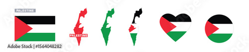 palestine flag and map set. palestine flag in official colors and proportions. independence day, map, circle and heart palestine 
