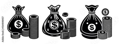 Minimal Black Silhouette Money Bag and Coin Icon with Dollar Symbol Vector Style Design