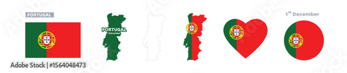 portugal flag and map set. portugal flag in official colors and proportions. independence day 1 december, map, circle and heart shaped portugal 
