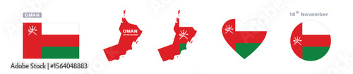 oman flag and map set. oman flag in official colors and proportions. independence day 18 november , map, circle and heart shaped oman 
