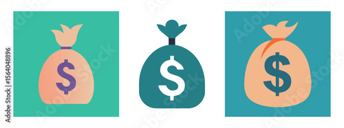 Minimal Black Silhouette Money Bag and Coin Icon with Dollar Symbol Vector Style Design
