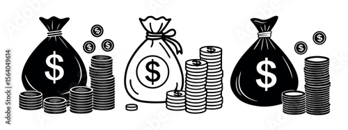 Minimal Black Silhouette Money Bag and Coin Icon with Dollar Symbol Vector Style Design
