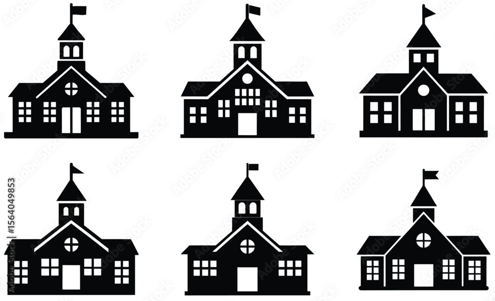 Fototapeta premium Silhouette Illustrations of School Buildings with Flags on Top Against White