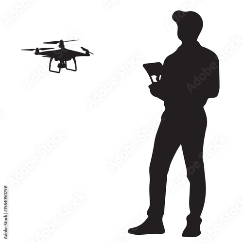 Drone Flying with Operator Vector – UAV Remote Control Silhouette for Aerial Tech, Photography, and Surveillance Themes

