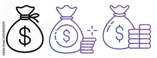 Minimal Black Silhouette Money Bag and Coin Icon with Dollar Symbol Vector Style Design