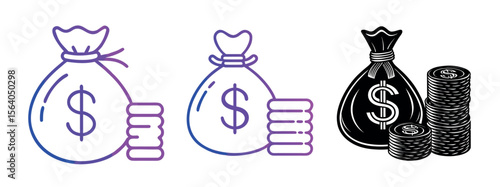 Minimal Black Silhouette Money Bag and Coin Icon with Dollar Symbol Vector Style Design