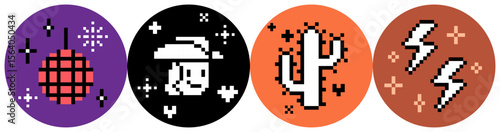 Disco cowgirls party round stickers collection. Y2k wild west party vector orange brown color design elements of sparkly mirror ball, cactus, cowboy icon. Retro 8 bit game style emoticon set