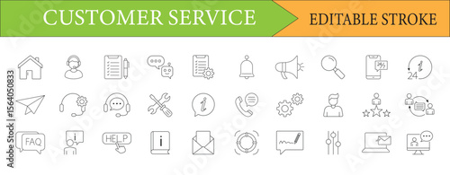 Customer Service Icon Set for Business Assistance and Online Support with Communication and Help Elements in Outline Style