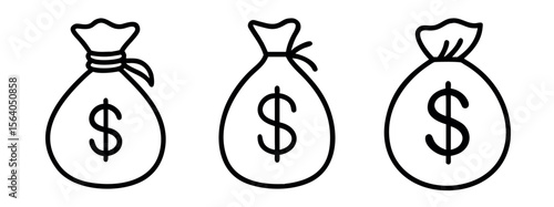 Minimal Black Silhouette Money Bag and Coin Icon with Dollar Symbol Vector Style Design