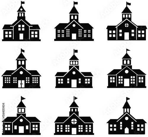 A Variety of Nine Silhouette Style Building Designs on a White Canvas