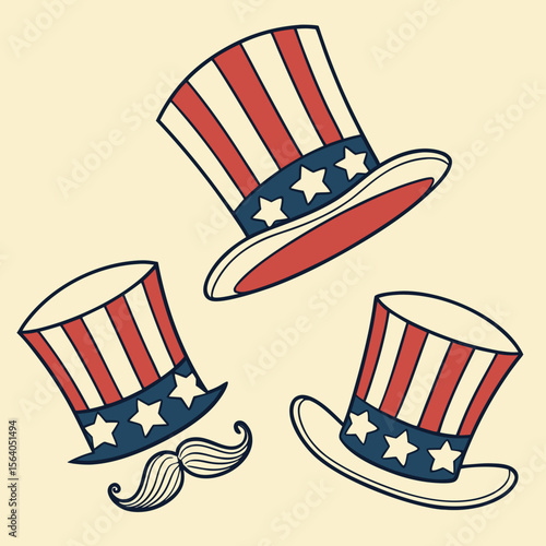 Set of patriotic mustache hat in a flat design