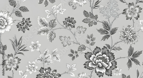 Monochrome floral pattern in grayscale with detailed blossoms and leaves, ideal for wallpapers, fabric design, and decorative print projects.

