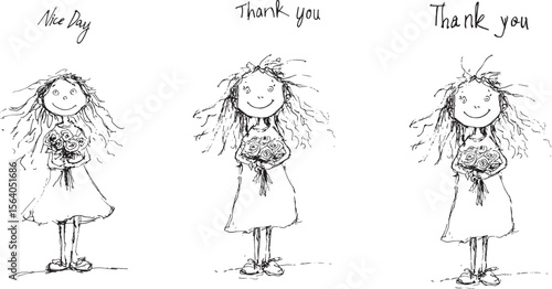 set of funny adorable sketch vector drawings of girl holding flowers, thank you text