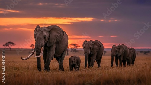 African Elephants Walking Through the Savannah at Sunset