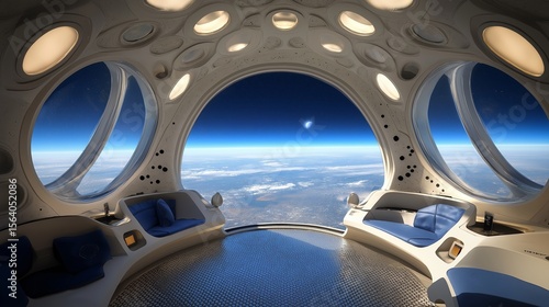 Futuristic spacecraft interior with stunning view of planet from space station