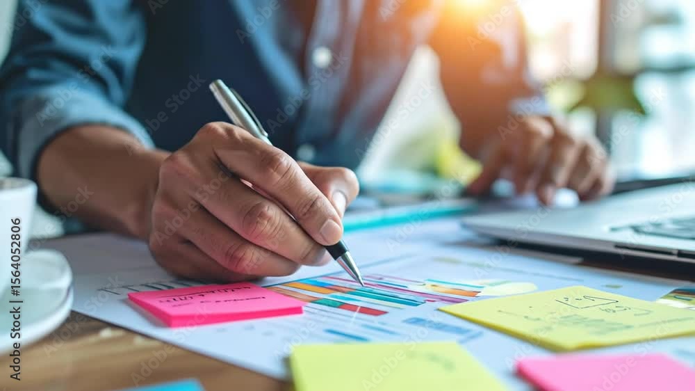 A person working at a desk, using a pen, paper, and sticky notes to analyze graphs and plans A person working at a desk, using a pen, paper, and sticky notes to analyze graphs and plans