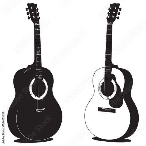 Two acoustic guitars one black silhouette and one white outline facing each other on a white background