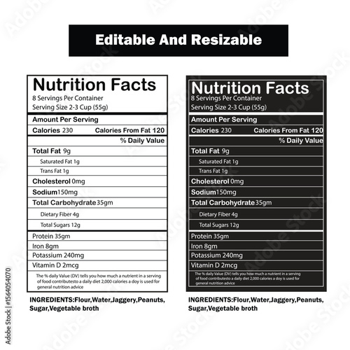 Nutrition Facts Label with Ingredients in White and Black Versions