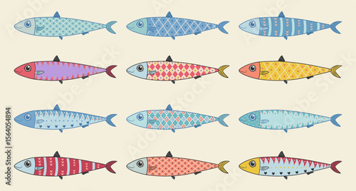 Set of hand-drawn funny sardine icons. Cute and quirky Mediterranean fish. Great for packaging, menus, and seafood branding. Vector illustration