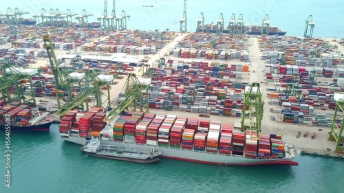 Aerial view of a busy container port with ships