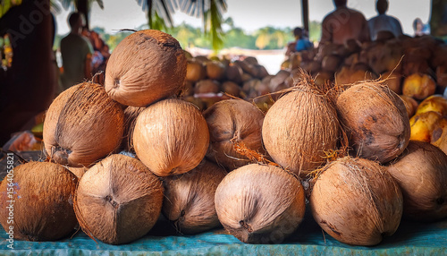 fresh coconuts on a market stall in india tropical fruit and milk drink beach of kochi nam hom coconut